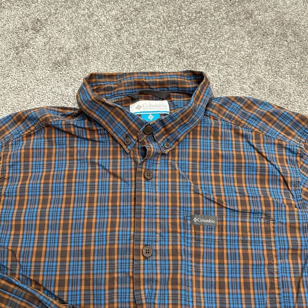 Columbia Rapid Rivers Shirt Mens Large Brown Blue Long Sleeve Plaid Casual Fish